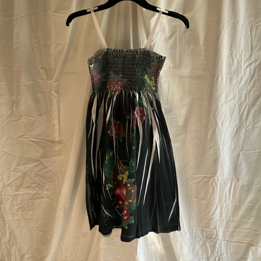 Dark green sundress with green, burgundy & yellow design